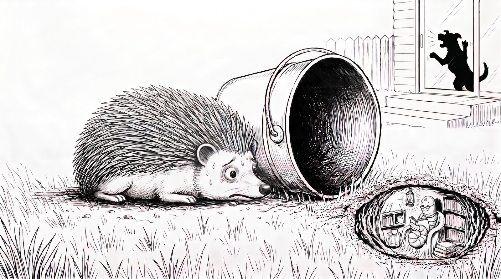 Herb lifts a bucket and discovers a worm reading in a cozy underground room