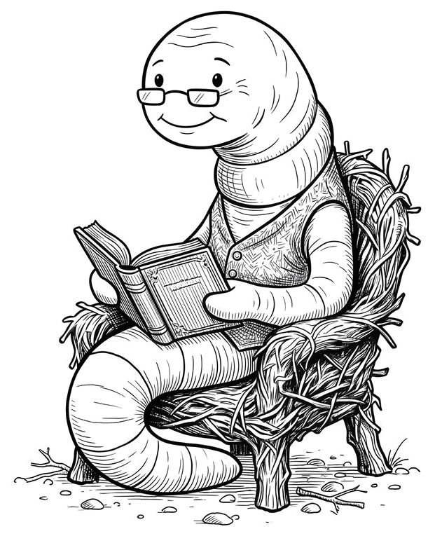 The Worm, reading a book in a twig chair