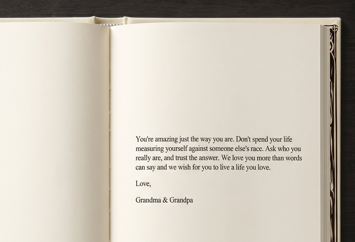 An open copy of the book with a personal message printed on the first page, signed Love, Grandma & Grandpa